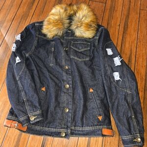 Denim Jacket with Faux Fur Collar